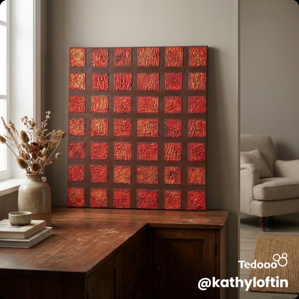 Original Textured Red Grid Abstract Wall Art-Digital Prints Available